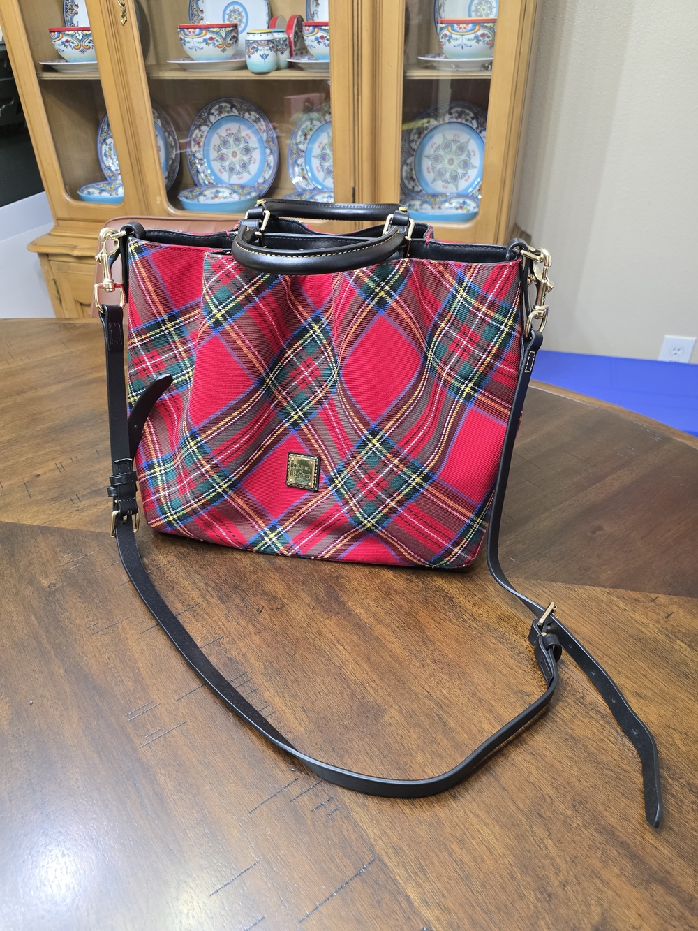 Dooney & Bourke Red Plaid Tote Bag with Black Trim - Picture 3 of 12